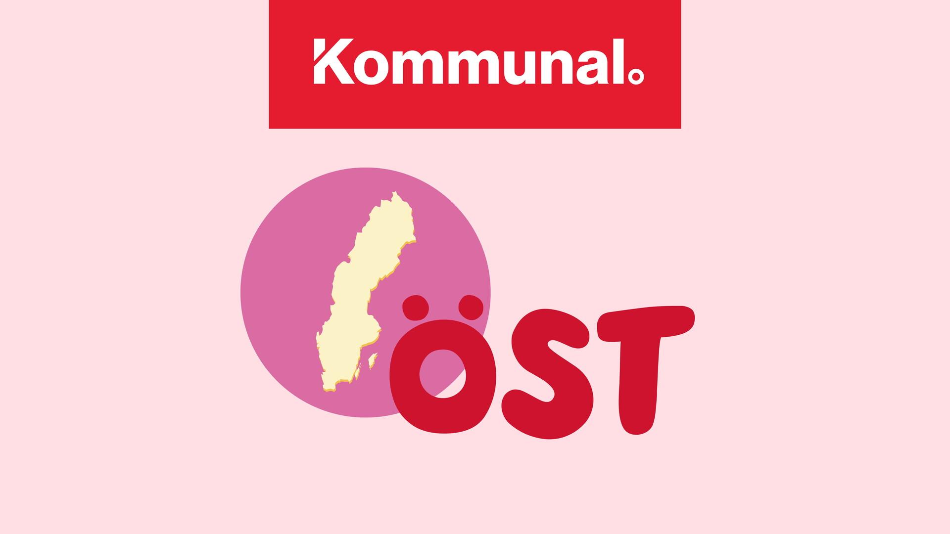 Kommunals logotyp samt en en sverigekarta med texten Öst bredvid